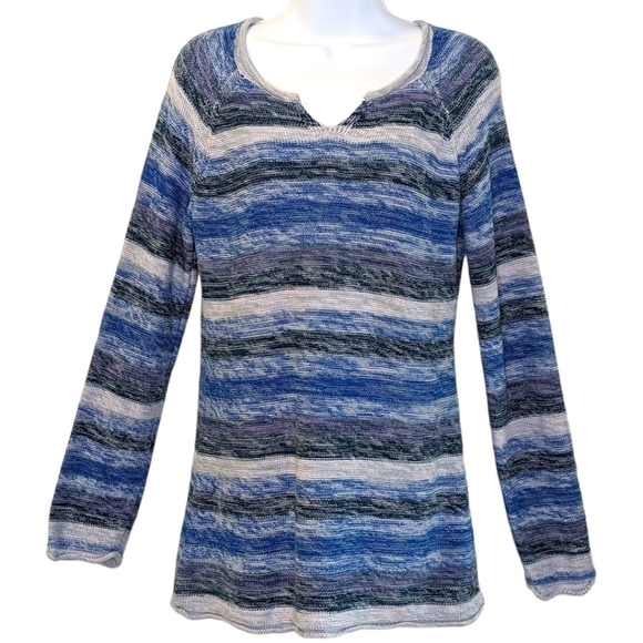 Eddie Bauer Pullover V-Neck Striped 100% Cotton Blue Gray Cozy Sweater Size XS - Picture 1 of 12